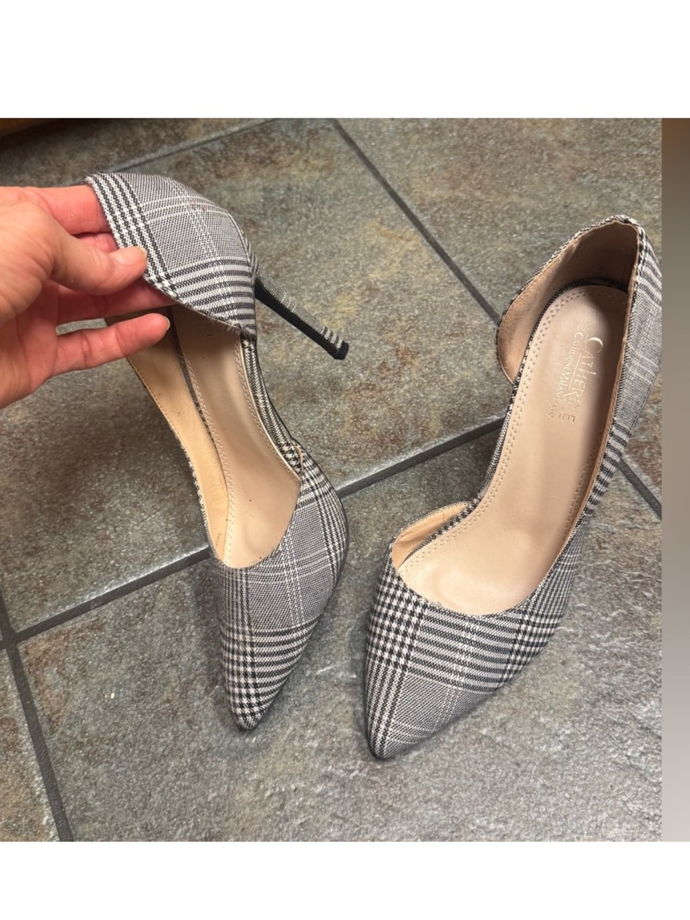Classic Plaid Pointed-Toe D'Orsay Heels - Gray